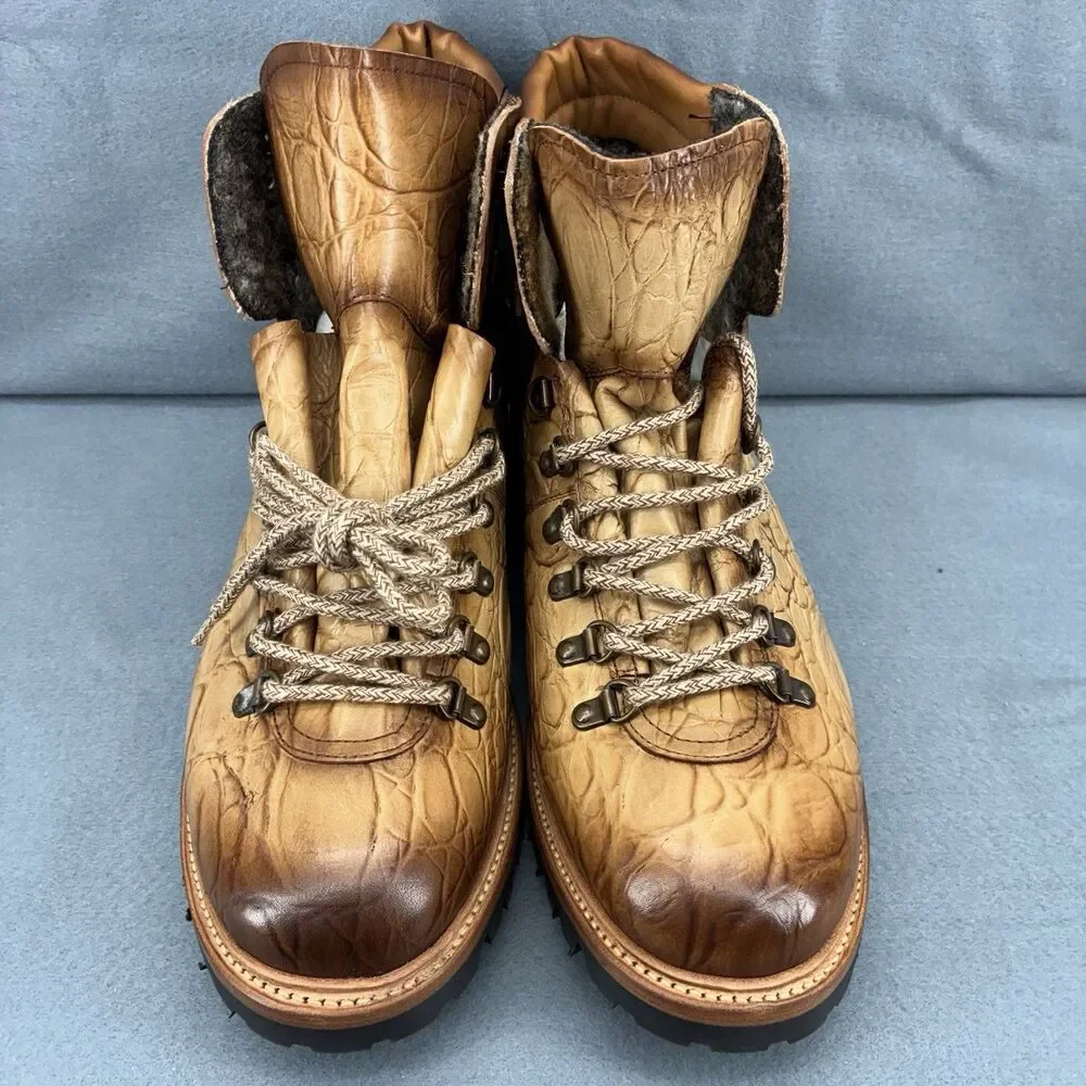 TAFT Croc Embossed Leather Hiker Boots Men US 12 EU 46 Vibram Spain The Viking